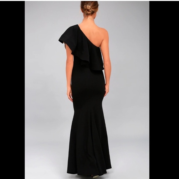 LULUS • So Amazed One Shouldered Black Formal Maxi Gown Ruffle Trim - Picture 3 of 7
